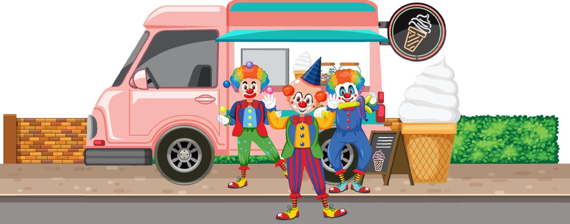 Clowns juggling balls in front of icecream truck vector