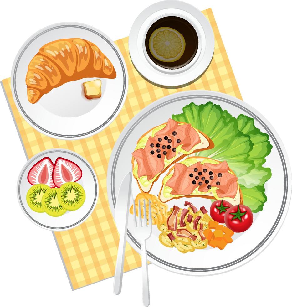 Top view food set, croissant and placemat on white background vector