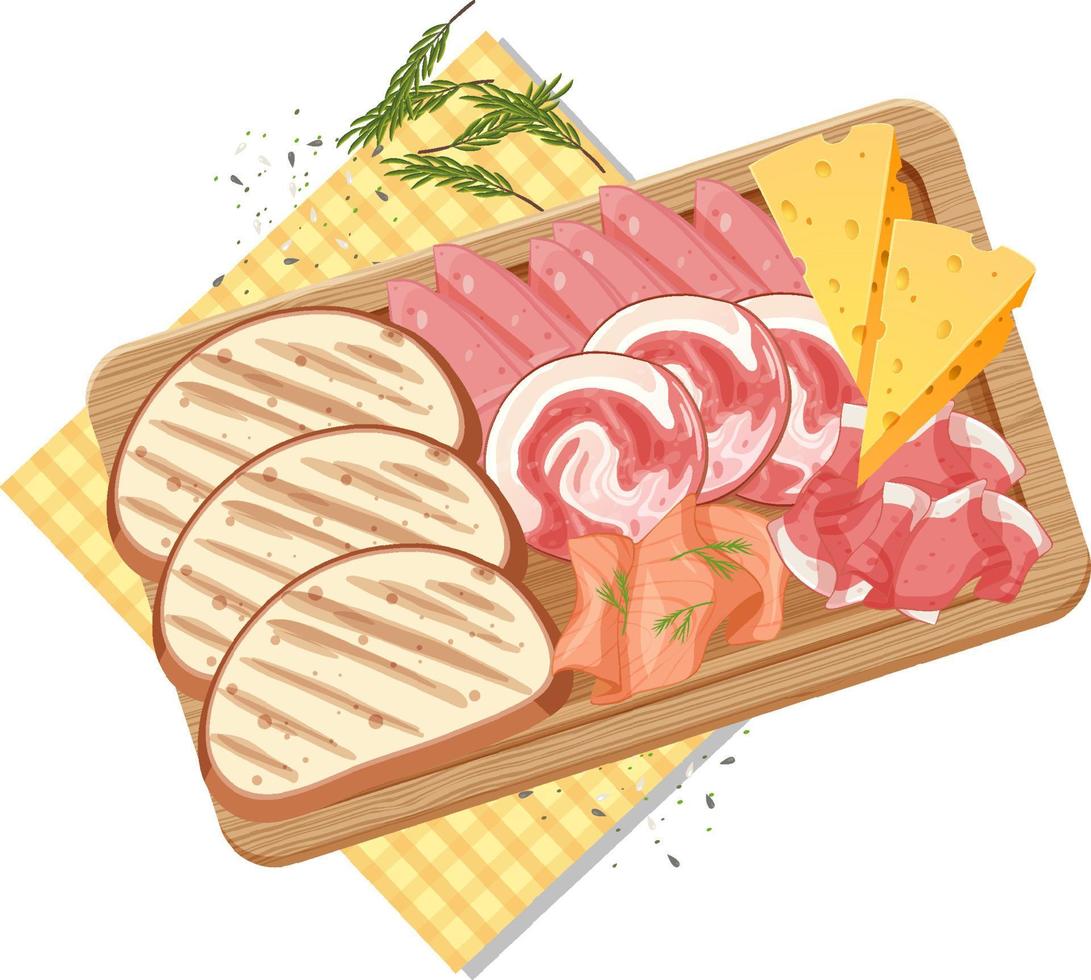vista superior de la carne del almuerzo en la bandeja de madera vector