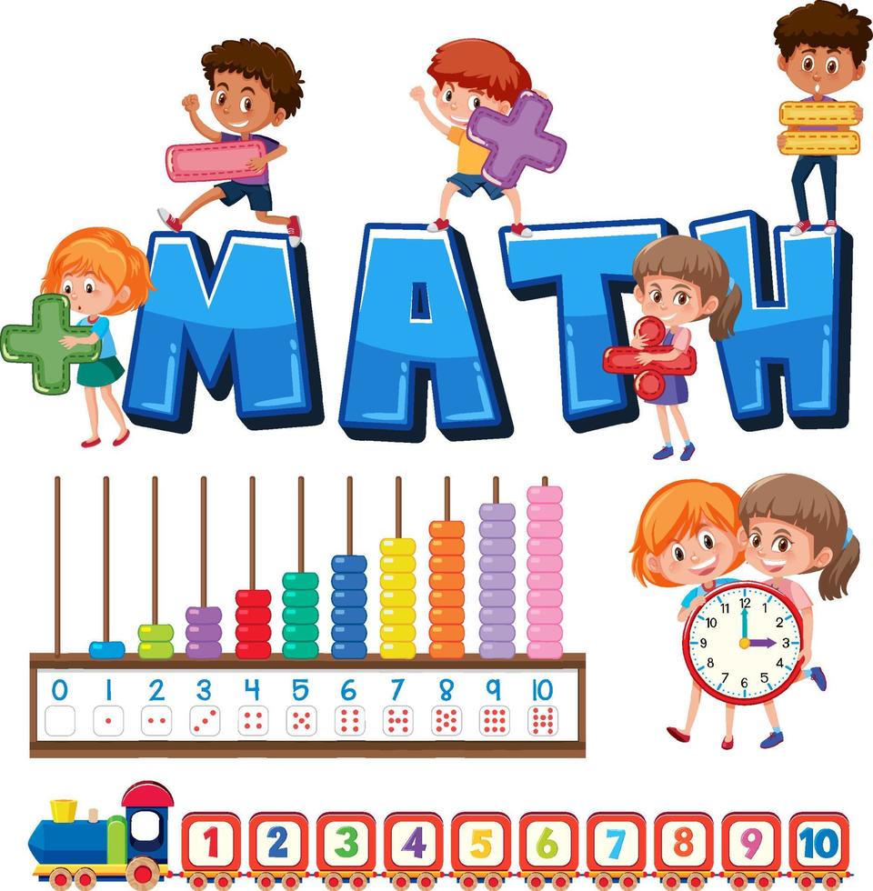 objetos de clase de matemáticas con suministros y estudiantes vector