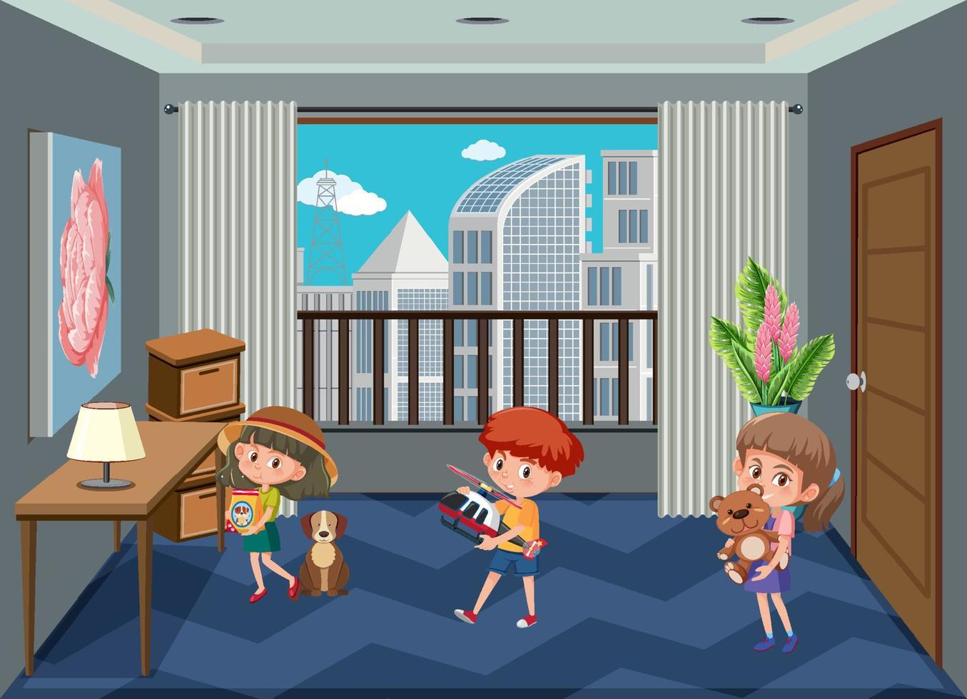 Children holding their toys in the room scene vector