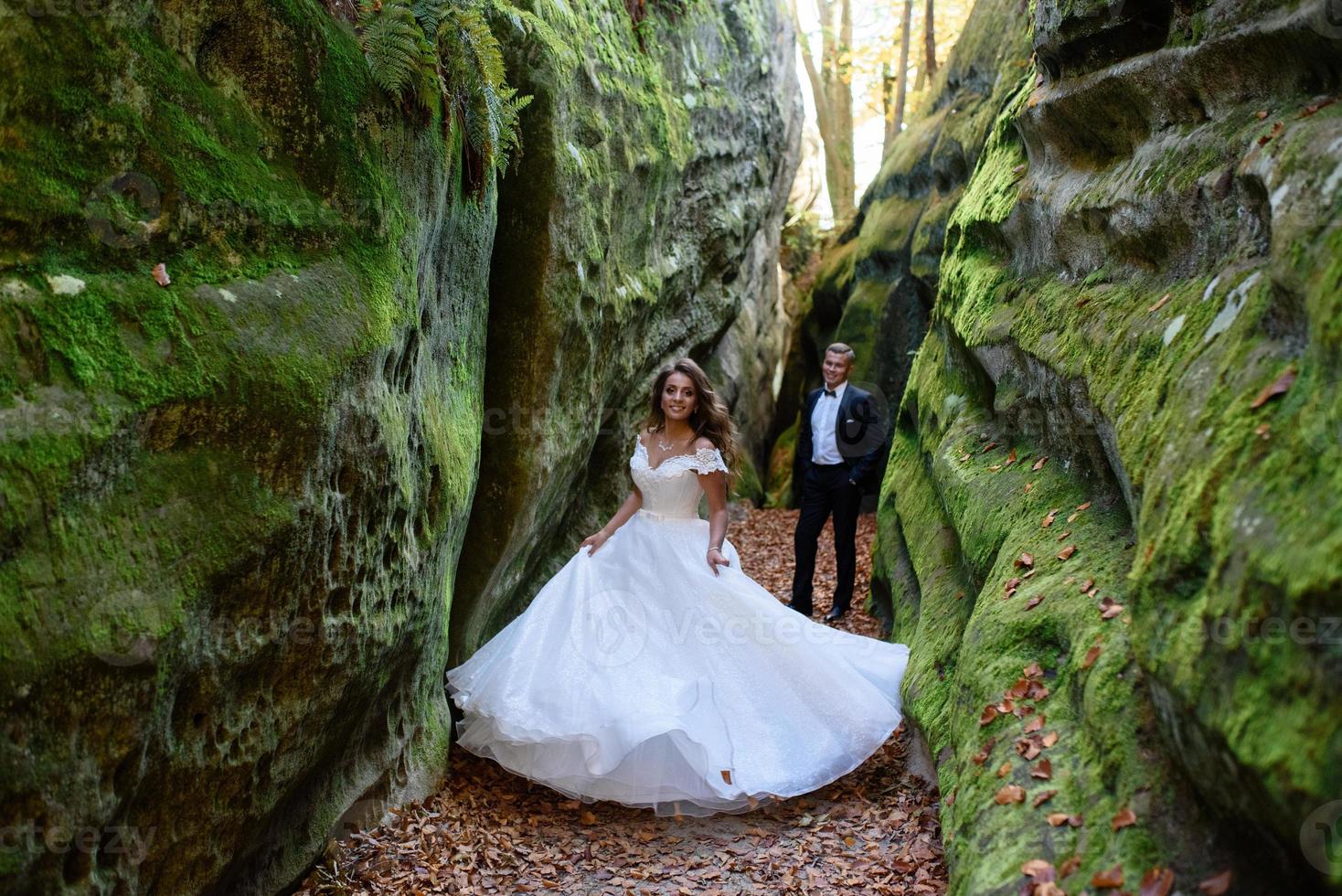 Bride and groom. A couple strolling among the narrow beautiful gorge. The gorge was overgrown with green moss. The newlyweds are spinning and running. photo
