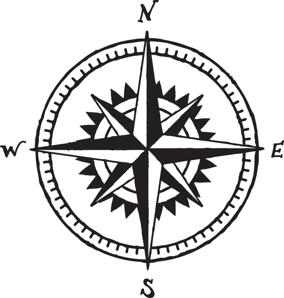 Vintage hand drawn windrose vector in black and white. Compass symbol tattoo drawing