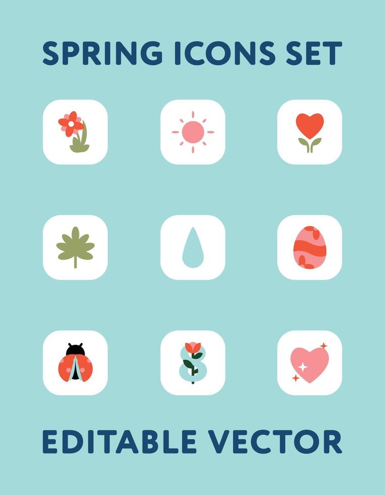 conjunto de aplicaciones vectoriales de iconos de primavera. diseños planos simples de pascua. grupo de coloridos símbolos alegres sobre fondo aislado. vector