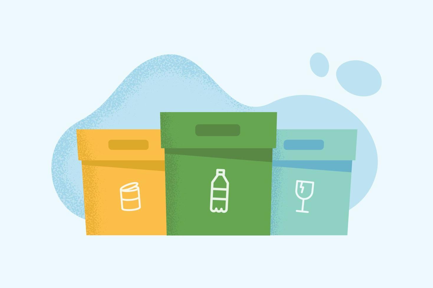 Waste sorting boxes for recycling. Separate recycle boxes for glass, aluminium and plastic. Concept of eco conscious lifestyle. vector