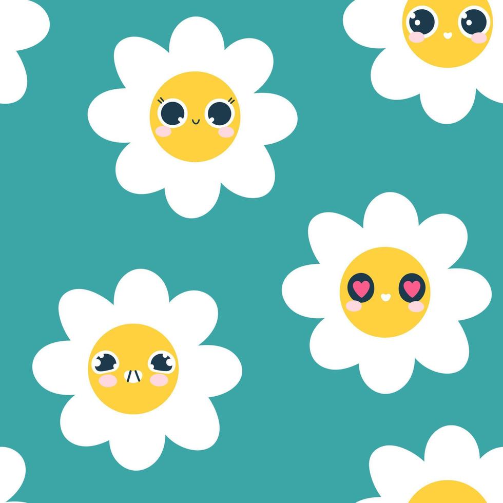 Cute seamless pattern with daisies. The chamomiles are smiling. Vector background in modern retro style