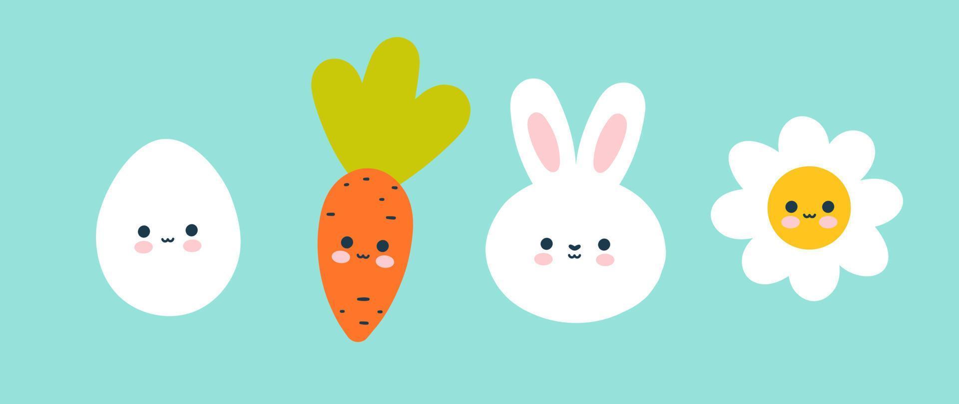 A set of cute Easter characters with a rabbit and a carrot. Egg and chamomile in kawaii style. Vector illustration for children