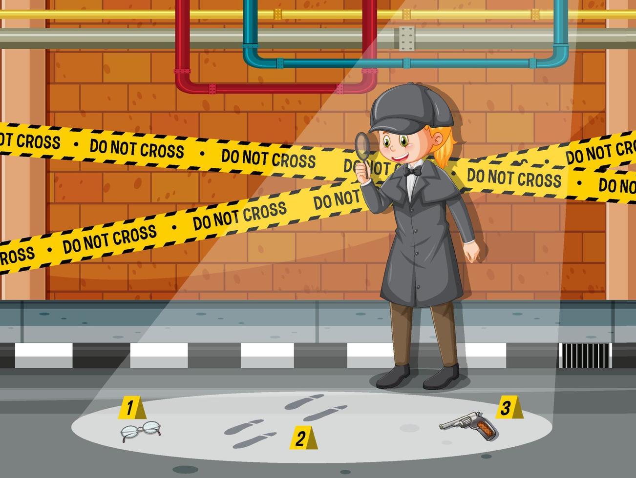 Detective looking for clues with magnifying glass in scene vector