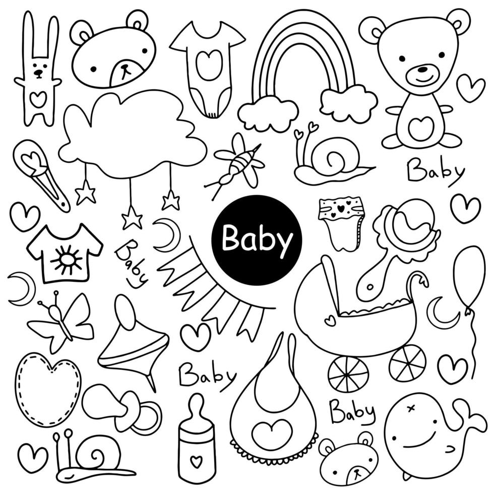 conjunto de dibujos animados de garabatos dibujados a mano incompletos vectoriales de objetos y símbolos sobre el tema del bebé. vector