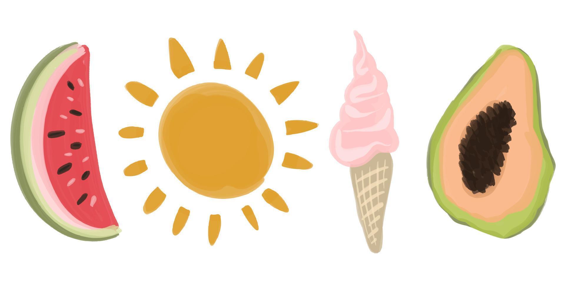 conjunto de acuarela de verano vectorial de frutas exóticas, helado y sol pintado en estilo boho. vector