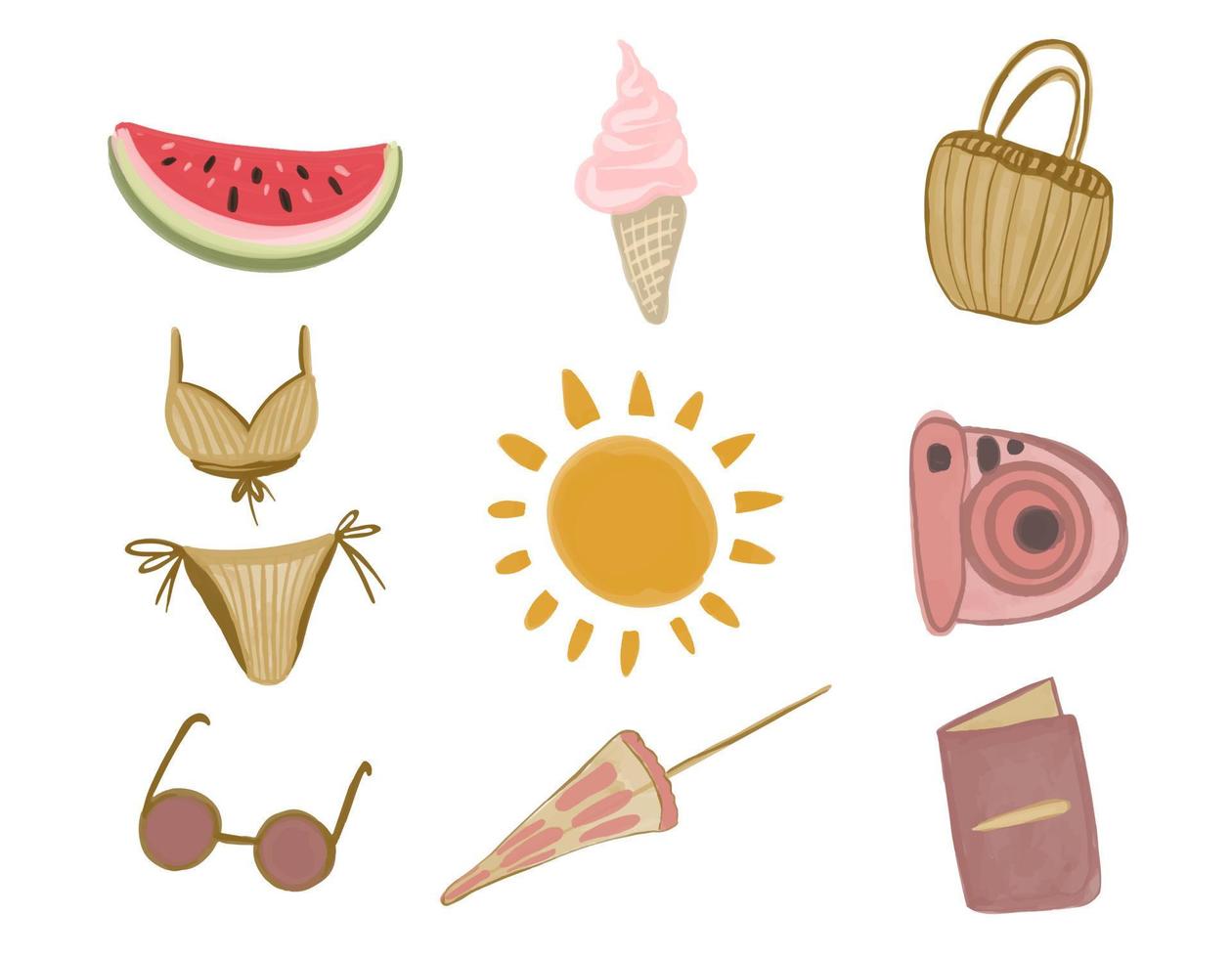 Vector Hand drawn watercolor summer beach collection in boho style.