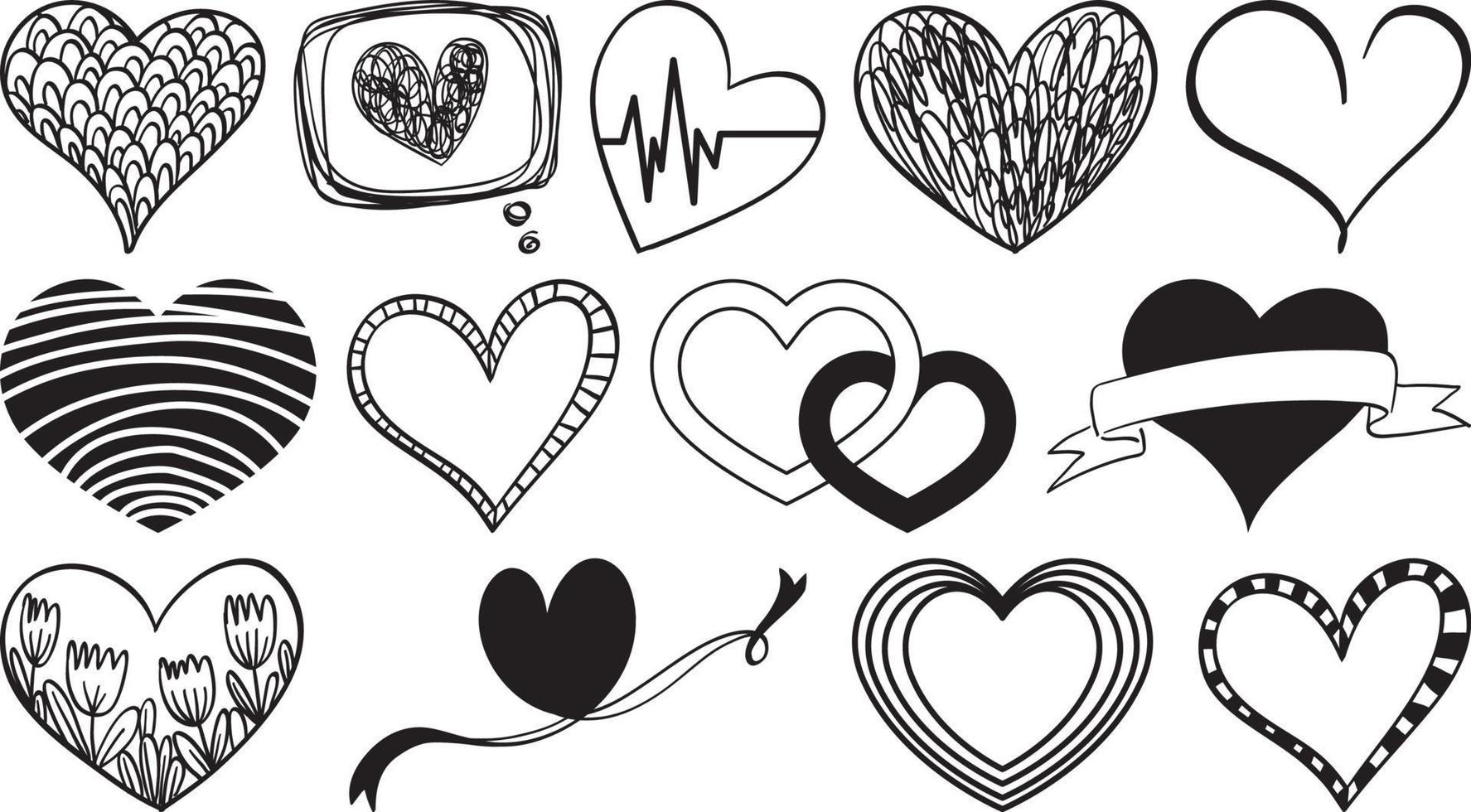 Black hand drawn hearts set vector