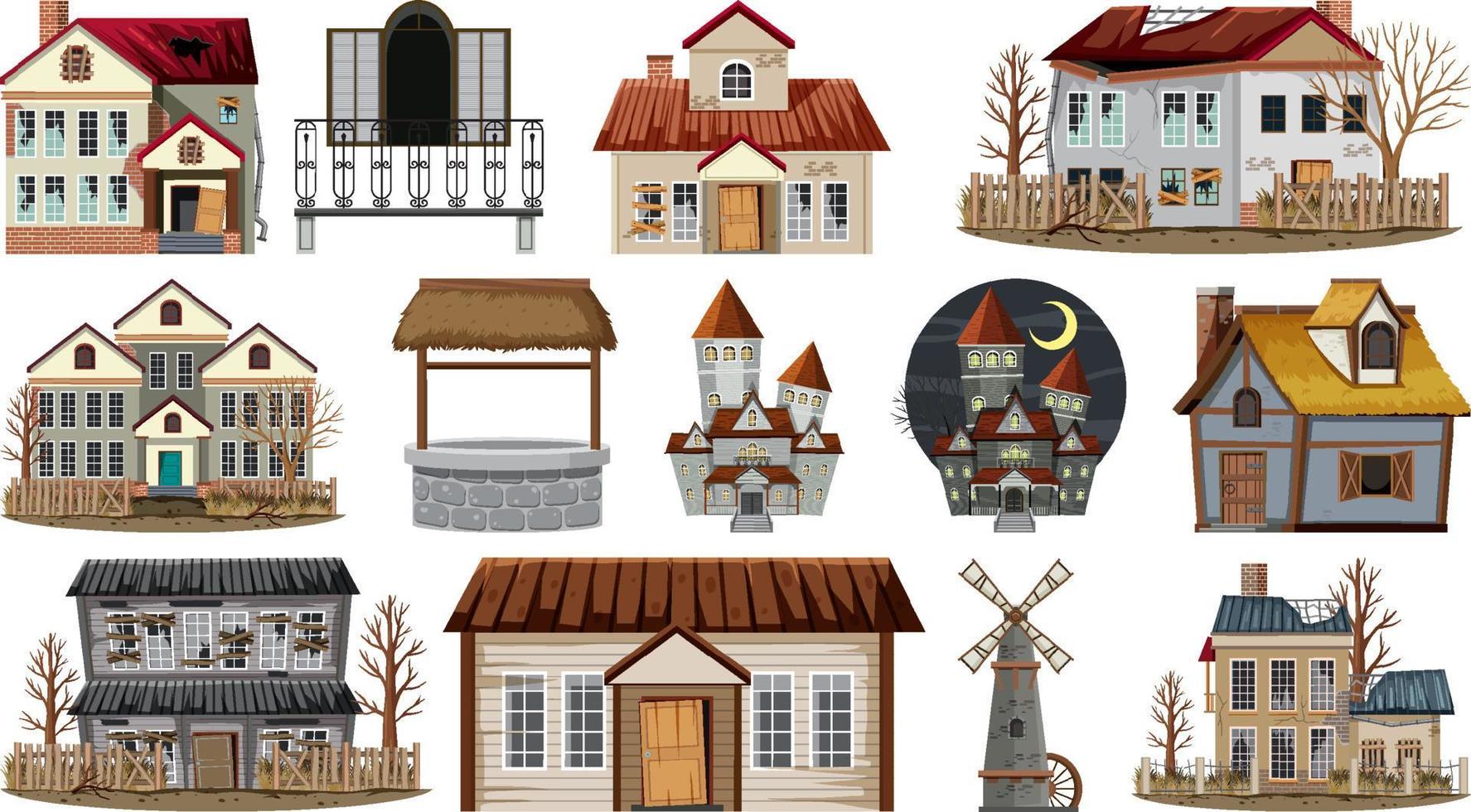 Set of abandoned houses and buildings vector