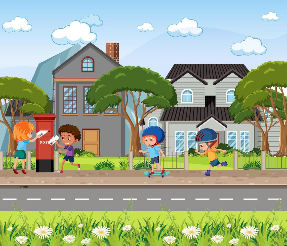 Outdoor street scene with cartoon character vector