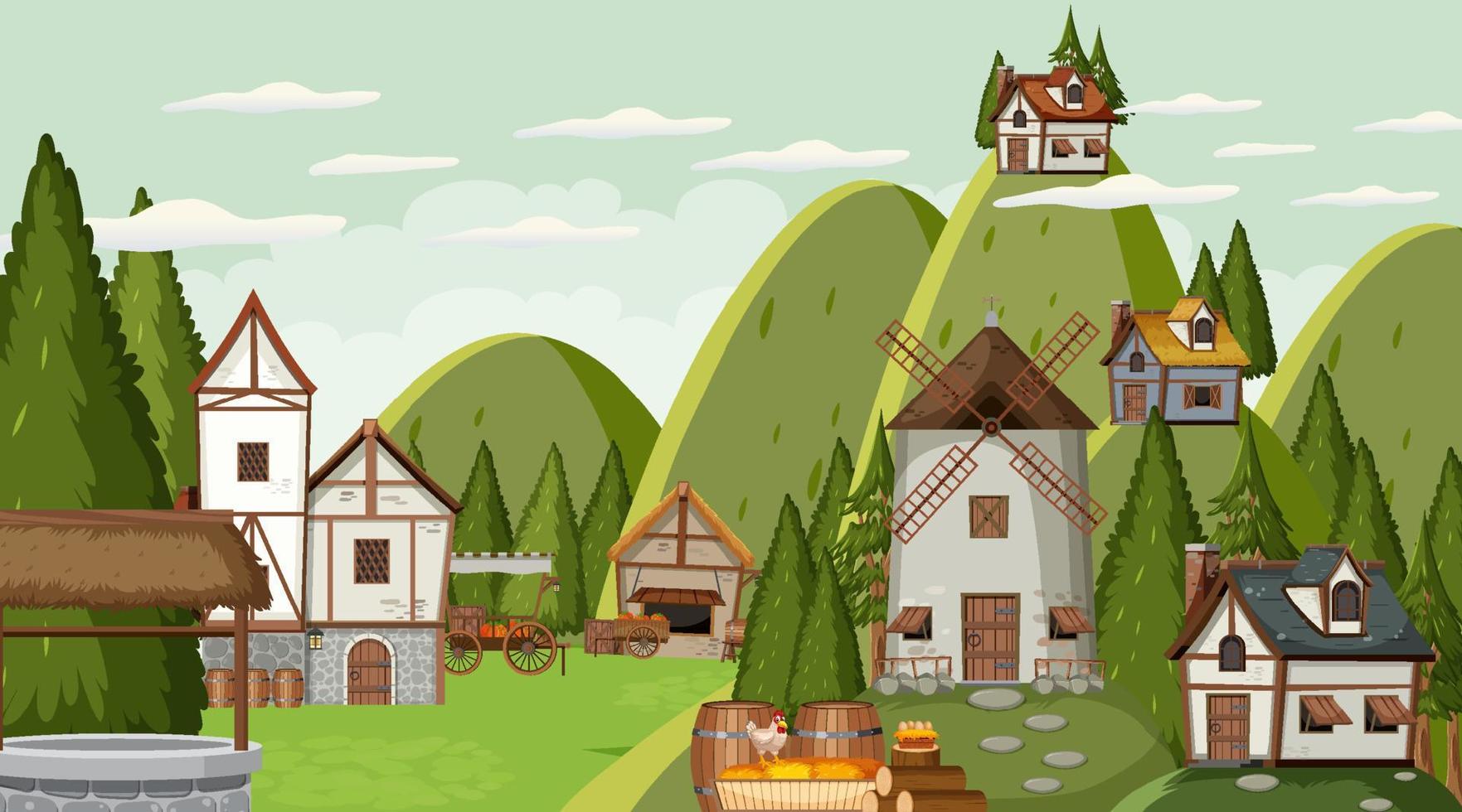 Medieval town scene background vector