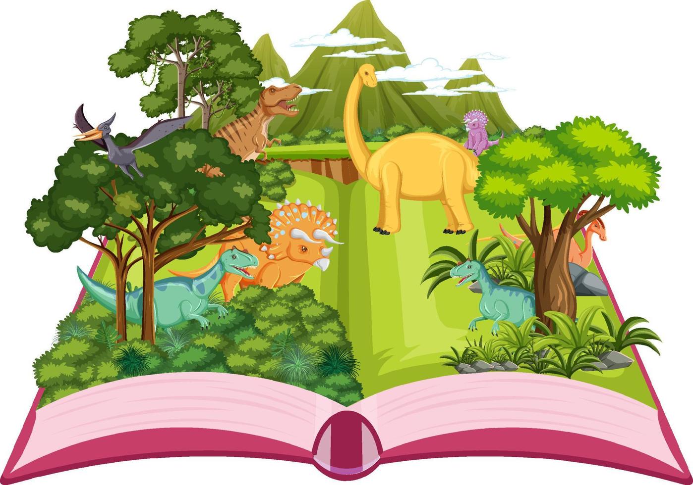 libro emergente con escena de la naturaleza al aire libre y dinosaurio vector