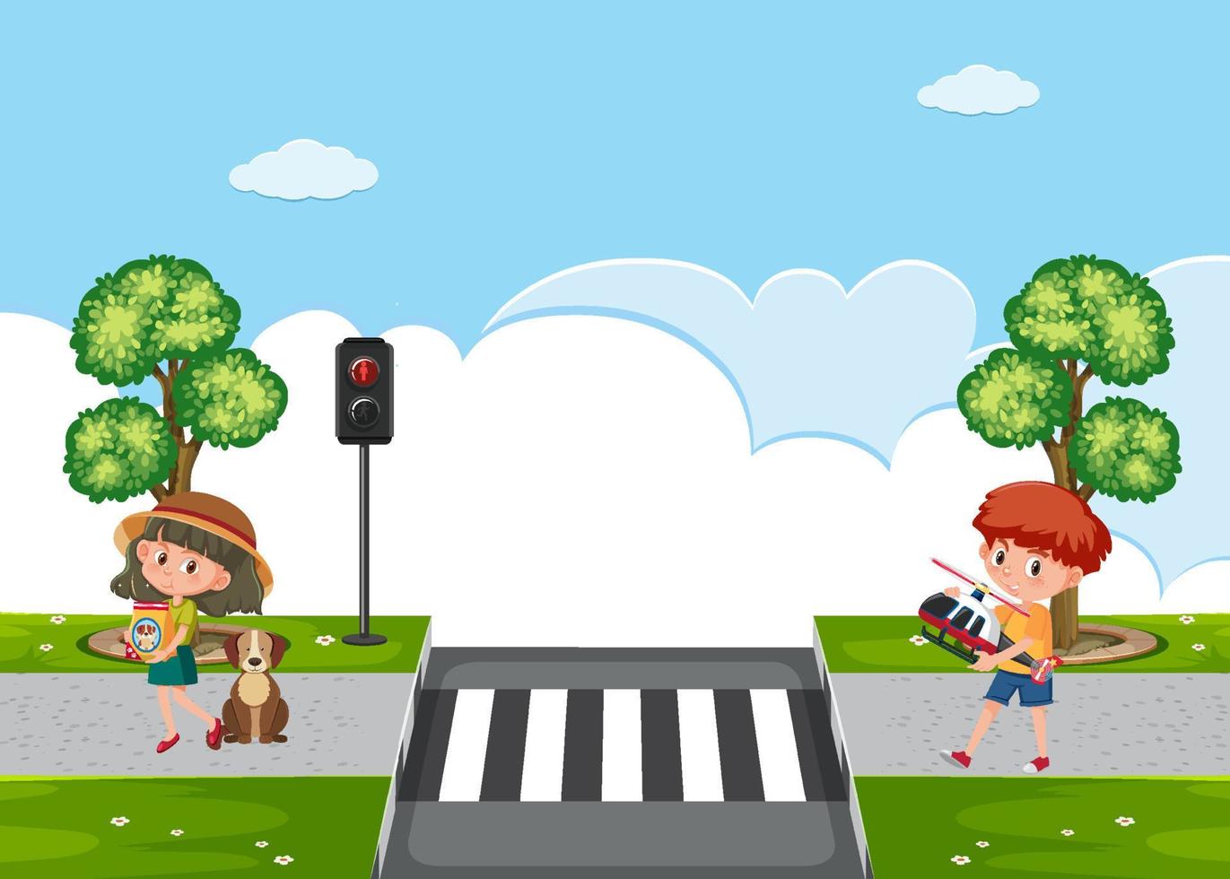 Crosswalk outdoor scene with cartoon character vector