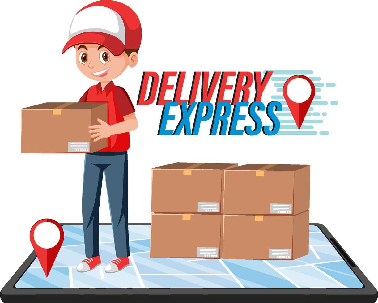 Delivery Express wordmark with courier delivering packages vector