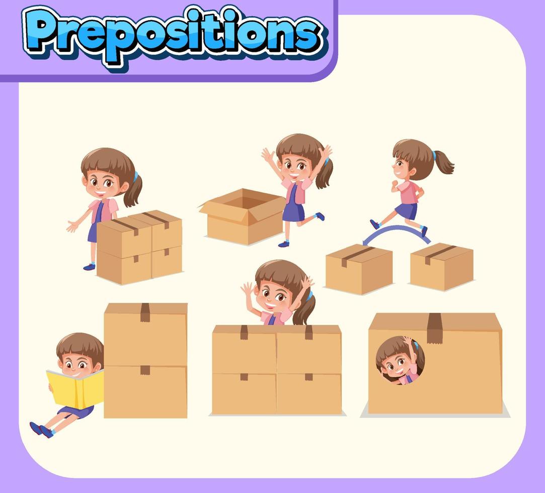 Prepostion wordcard design with girl and boxes vector