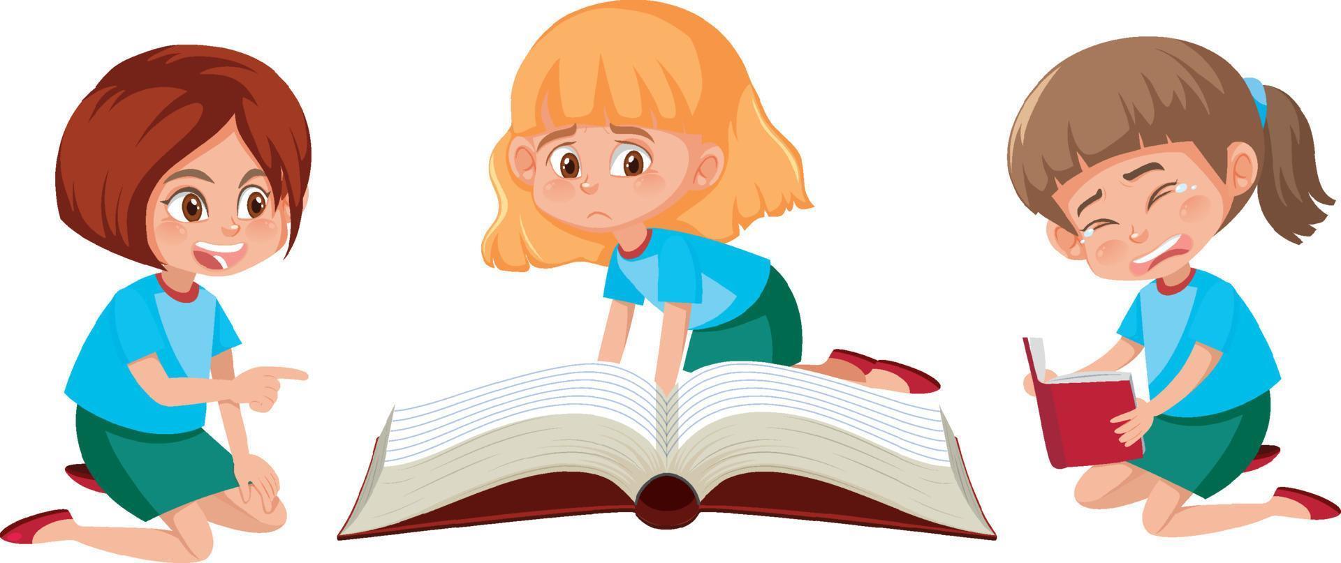 diferentes chicas leyendo libro personaje de dibujos animados vector