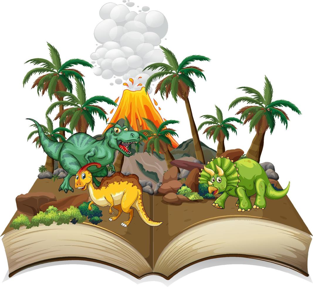 libro abierto con varios dibujos animados de dinosaurios vector