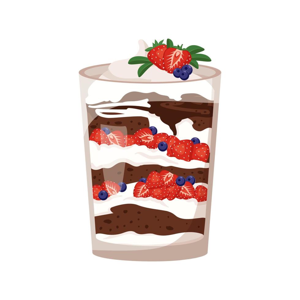 Delicious puff trifle with chocolate biscuit, strawberries and blueberries, cream and berries. Sweet dessert. Vector flat illustration