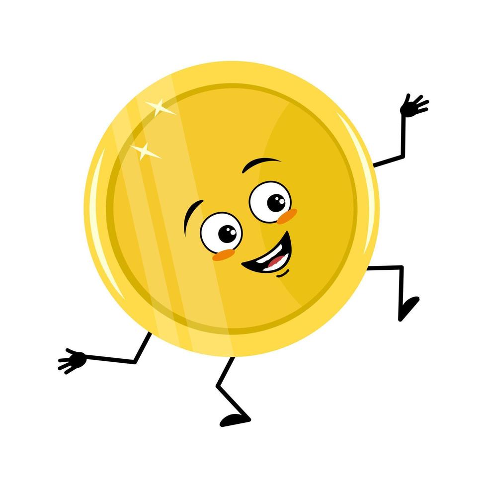lindo personaje de moneda dorada con emoción feliz, cara alegre, ojos sonrientes, brazos y piernas. persona de dinero con expresión divertida y pose. ilustración plana vectorial vector