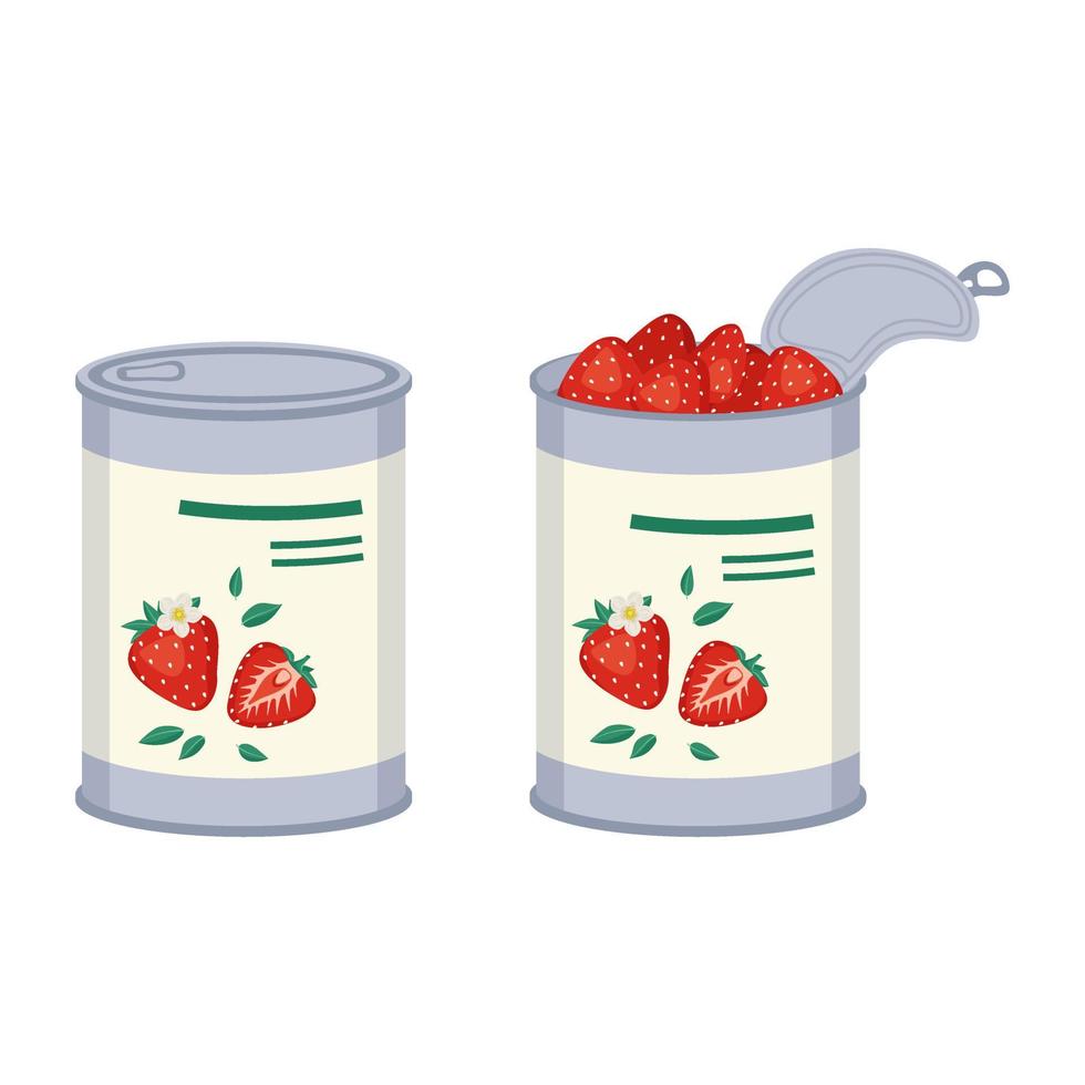 Red strawberry in open and closed tin. Ready made sweet food, delicious berry dessert. Vector flat illustration