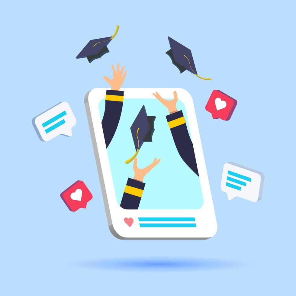 feliz día de graduación celebración de estudiantes en redes sociales post ilustración plana y estilo 3d vector