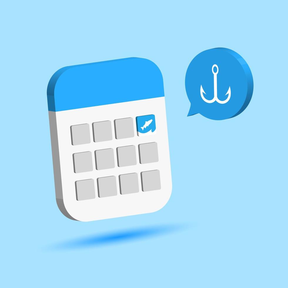 fishing plan schedule reminder alert in 3d style calendar organizer with icon notification vector
