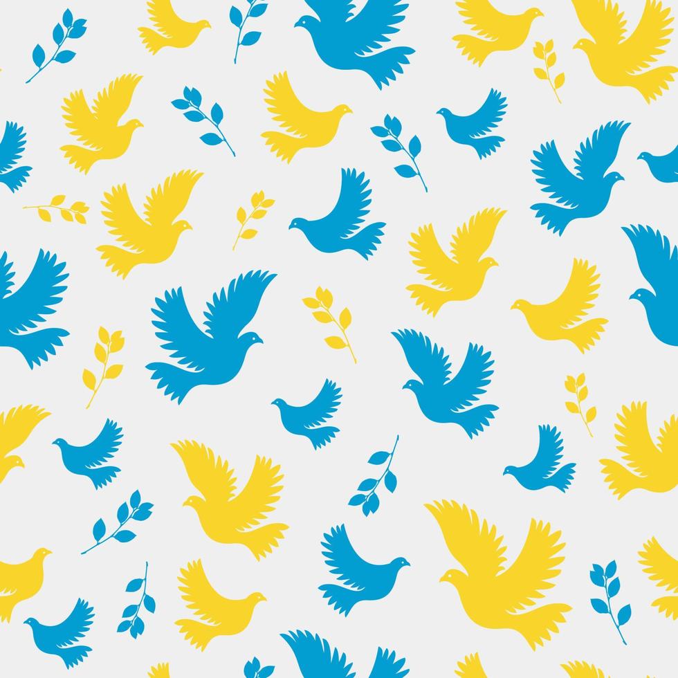 Seamless pattern dove of peace with an olive branch. Vector flat seamless pattern in blue and yellow. Flying bird on a flag background.