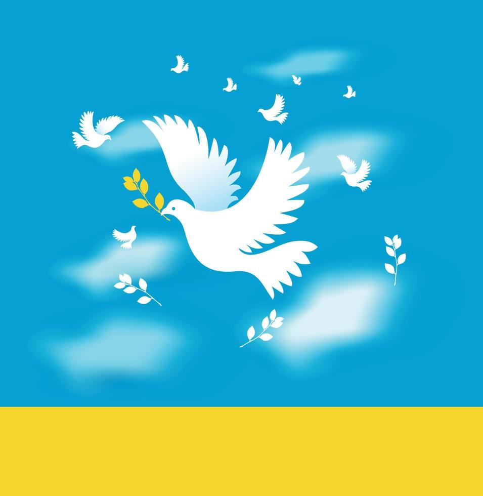 Dove of peace on the background of the Ukrainian flag. Ukraine and Russia military conflict. Stop world war. Symbol of peace and freedom on the background of the Ukrainian flag. vector