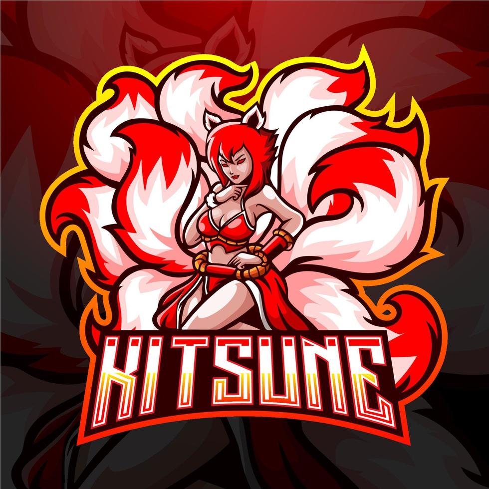 Kitsune girl nine tails esport logo design. vector