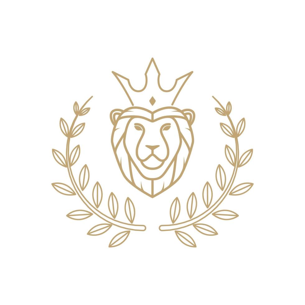 lion line with crown and leaf badge logo design, vector graphic symbol icon illustration creative idea