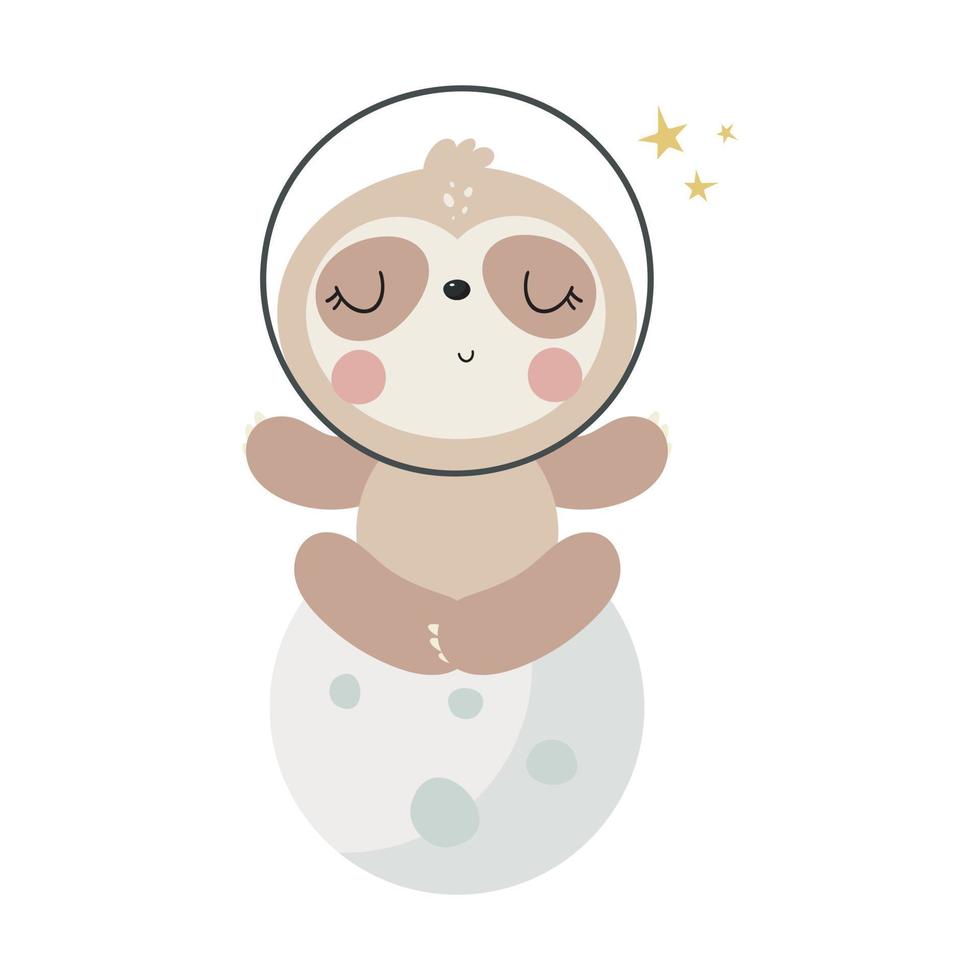 Cute Sloth on the Moon. Cartoon style. Vector illustration. For kids stuff, card, posters, banners, children books, printing on the pack, printing on clothes, fabric, wallpaper, textile or dishes.