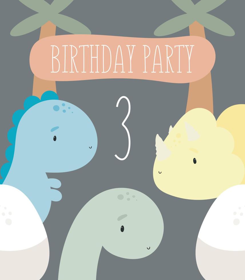 fiesta de cumpleaños, tarjeta de felicitación, invitación de fiesta. ilustración infantil con lindos dinosaurios y el número tres. ilustración vectorial en estilo de dibujos animados. vector