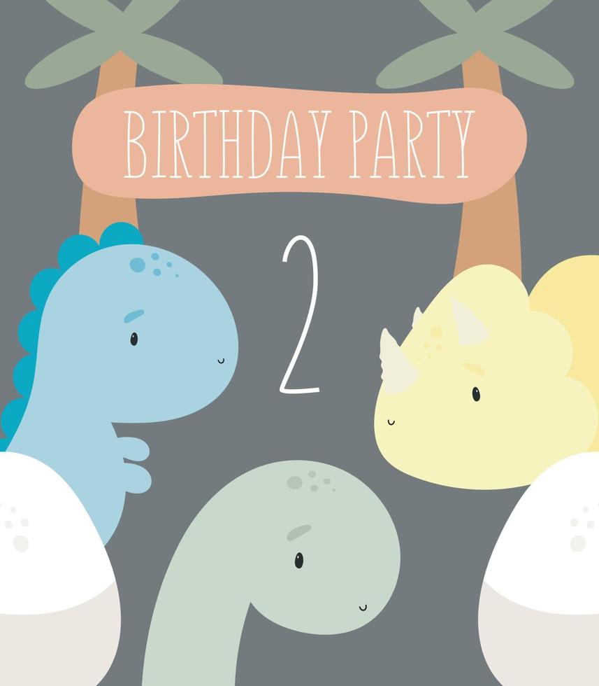 fiesta de cumpleaños, tarjeta de felicitación, invitación de fiesta. ilustración infantil con lindos dinosaurios y el número dos. ilustración vectorial en estilo de dibujos animados. vector