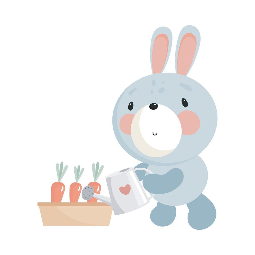 Cute Rabbit with Watering Can. Vector illustration. For kids stuff, card, posters, banners, children books, printing on the pack, printing on clothes, fabric, wallpaper, textile or dishes.