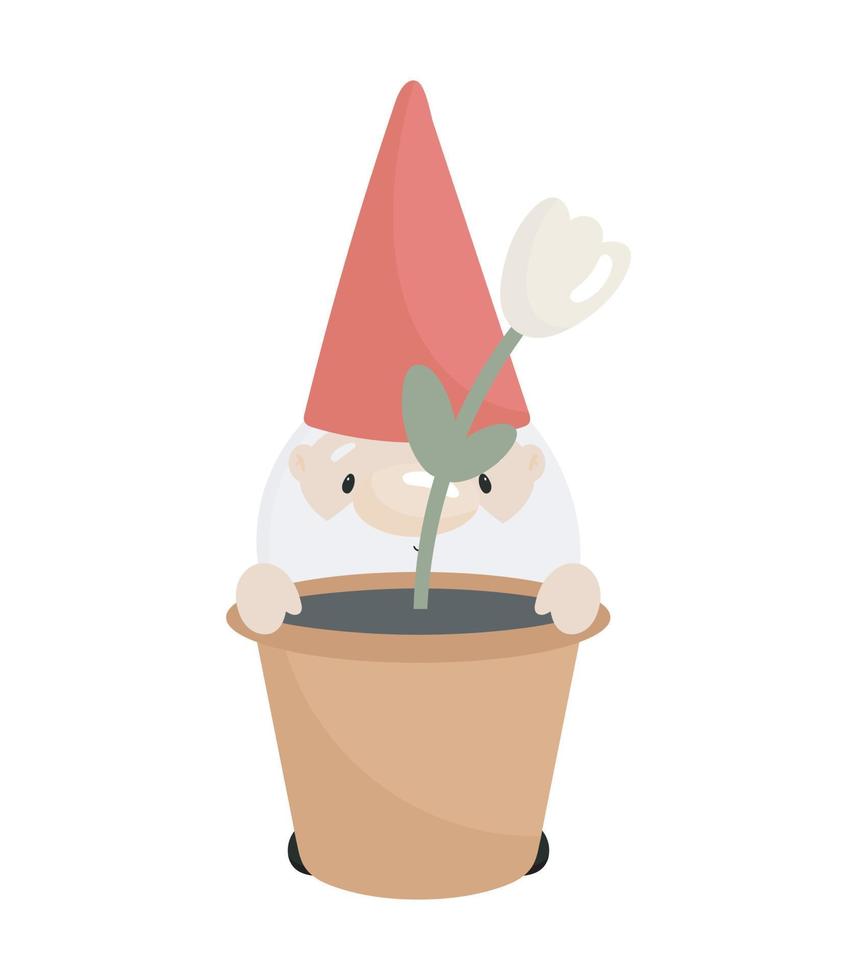 Cute Little Gnome with a flower pot. Vector illustration. For kids stuff, card, posters, banners, children books, printing on the pack, printing on clothes, fabric, wallpaper, textile or dishes.