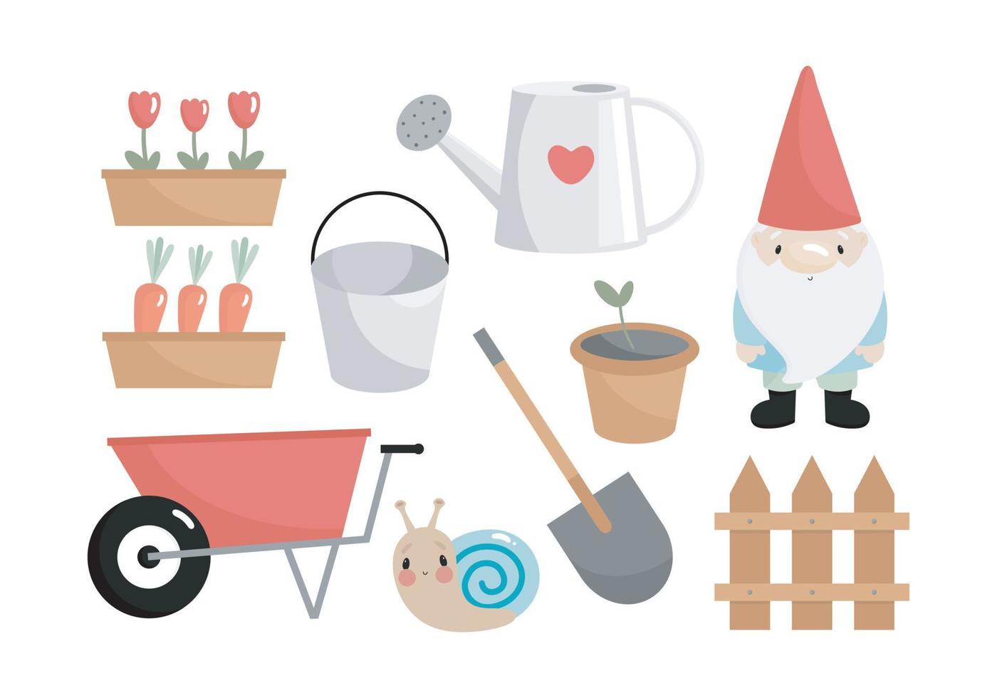 Garden set. Vector illustration. Cute illustrations with garden gnome, shovel, cart, snail, fence, watering can, flowers, carrot, bucket.