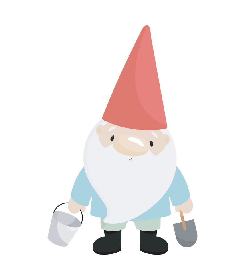 Cute Little Gnome with a bucket and a shovel . Vector illustration. For card, posters, banners, children books, printing on the pack, printing on clothes, fabric, wallpaper, textile or dishes.