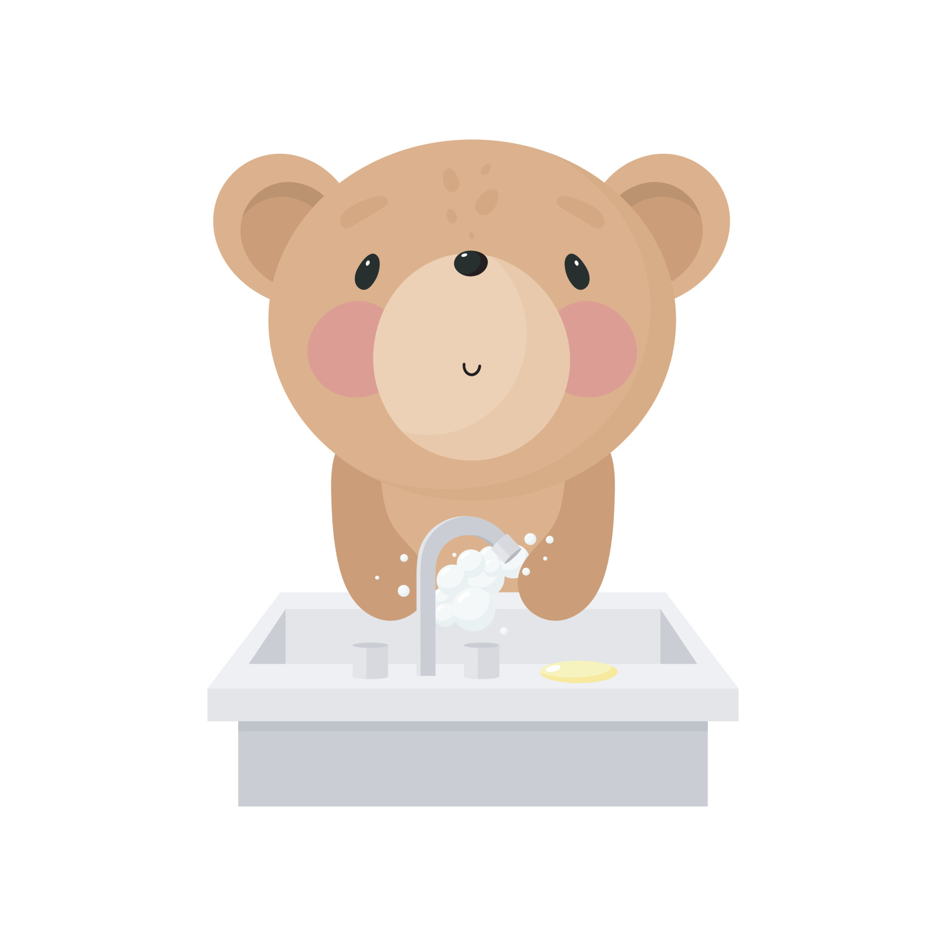 Cute Bear washes his hands. Vector illustration in cartoon style