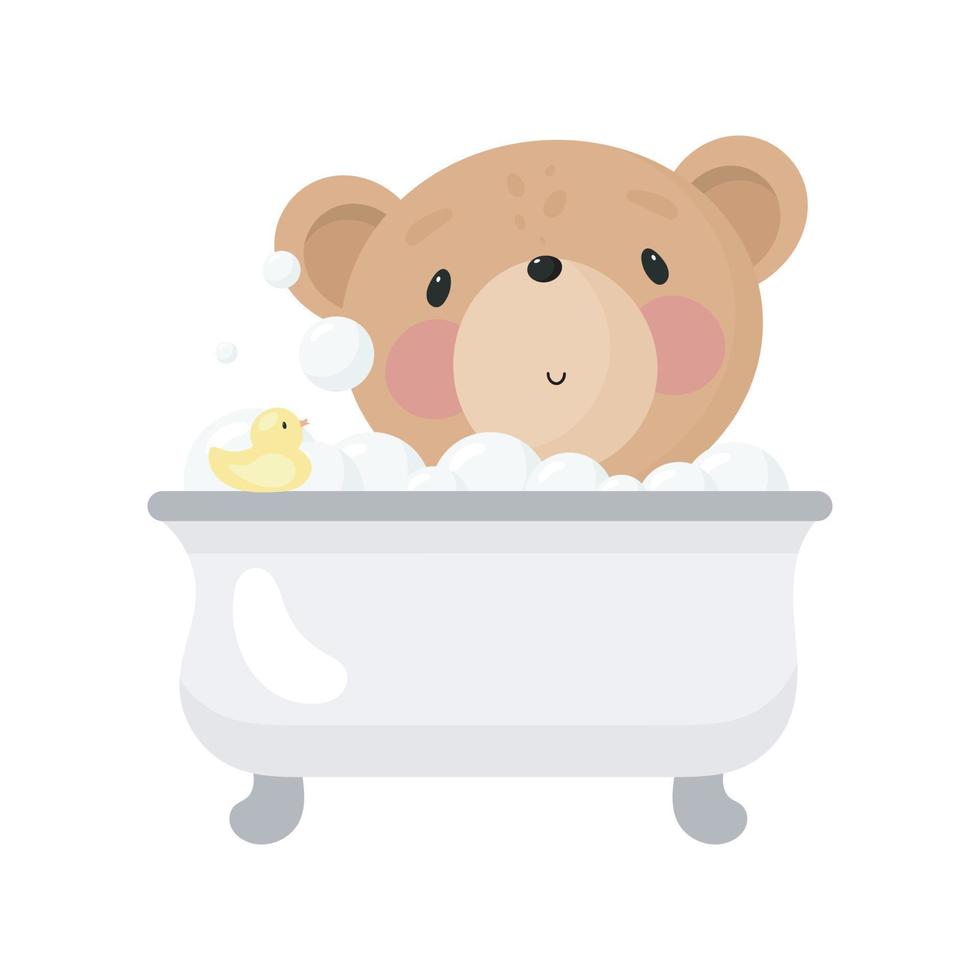Cute Bear takes a bath. Vector illustration in cartoon style.