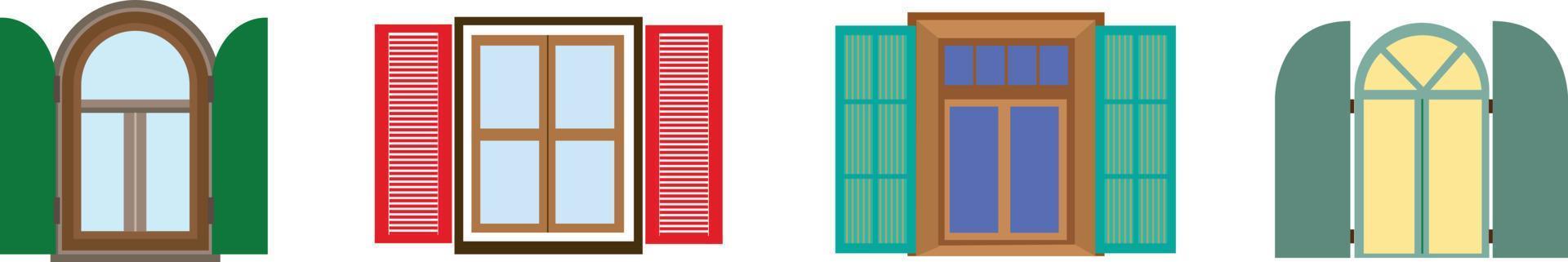 conjunto de varias ventanas coloridas detalladas con alféizares, cortinas, flores, balcones. eps de ilustración de vector de estilo plano