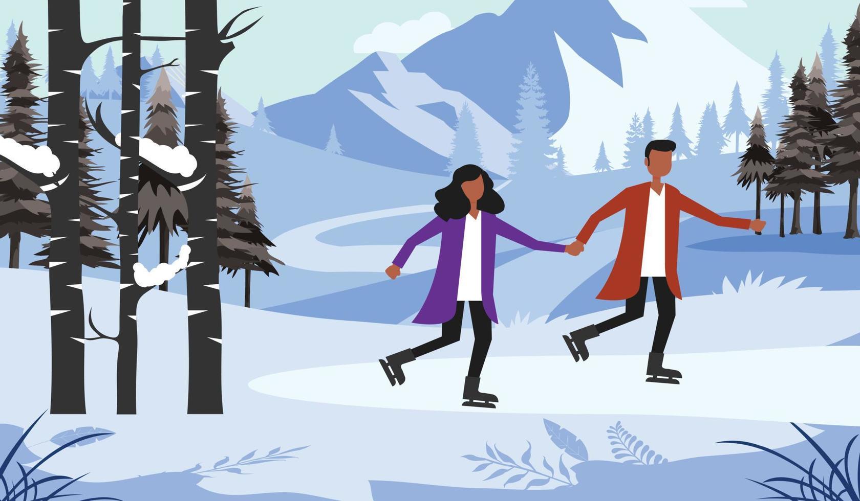 Vector cartoon drawing of cute people skating in a mountain