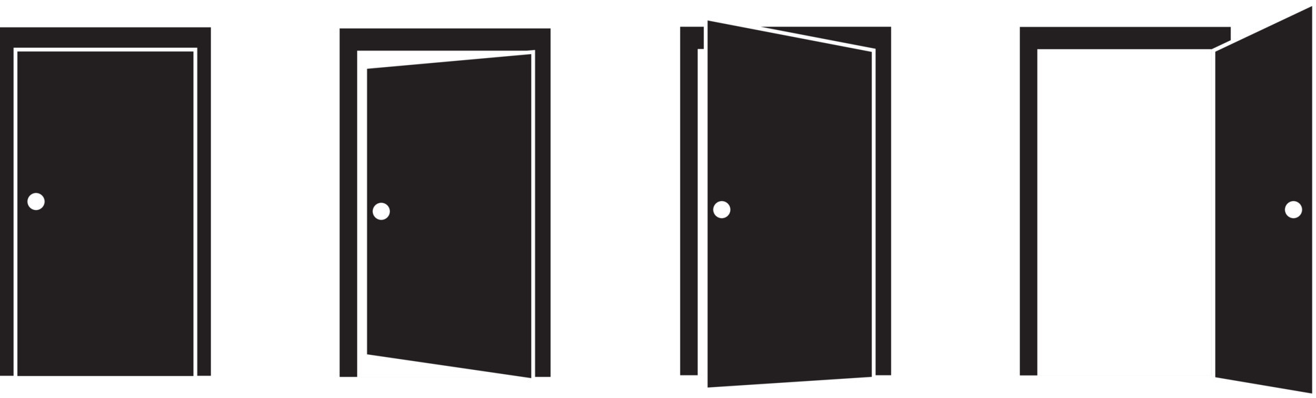 Door icons set. Open, close and ajar door. Doors collection. Opened entrance door set flat style