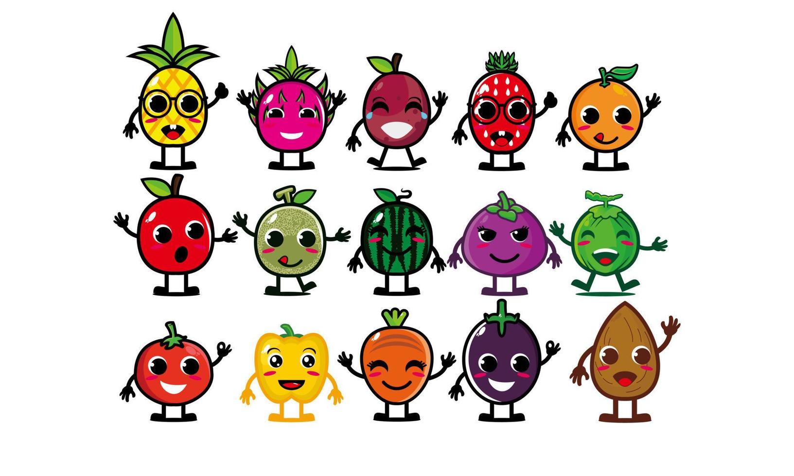 feliz lindo conjunto de cara de fruta sonriente. colección de ilustraciones de personajes de dibujos animados kawaii planos vectoriales. concepto de conjunto de emoji de colección de frutas de carácter lindo vector