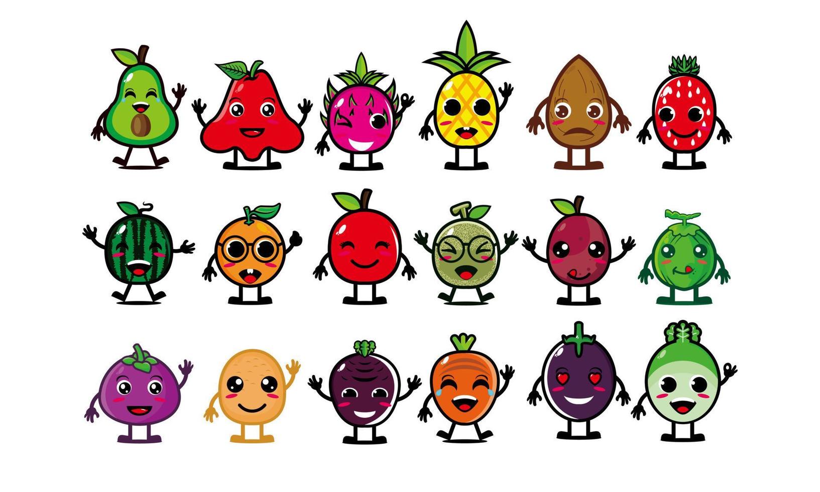 lindo feliz sonriente divertido conjunto de colección de frutas y verduras. ilustración de personaje de dibujos animados de estilo plano vectorial. aislado sobre fondo blanco vector