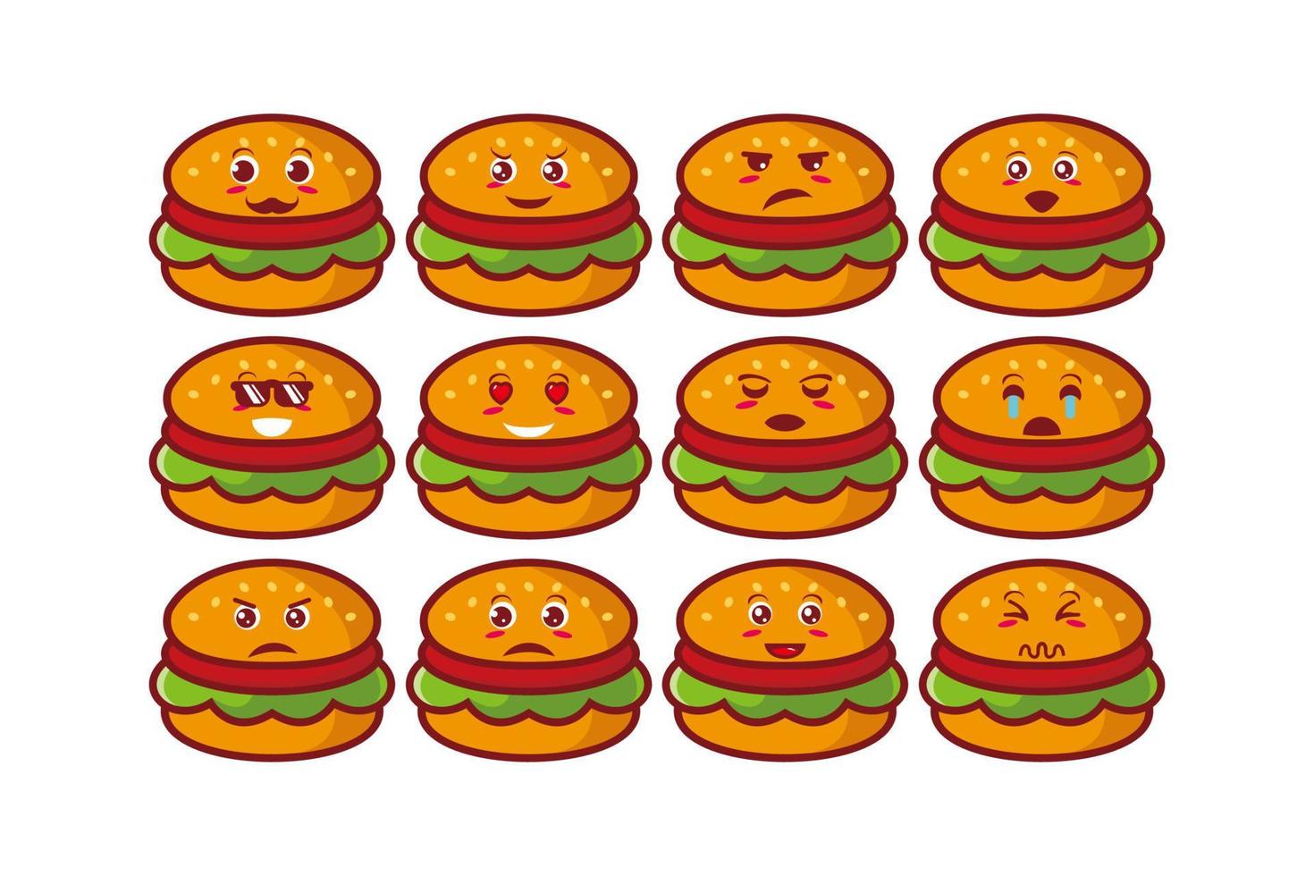 lindo, sonriente, divertido, hamburguesa, conjunto, collection.vector, plano, caricatura, cara, carácter, mascota, ilustración, ., aislado, blanco, plano de fondo vector