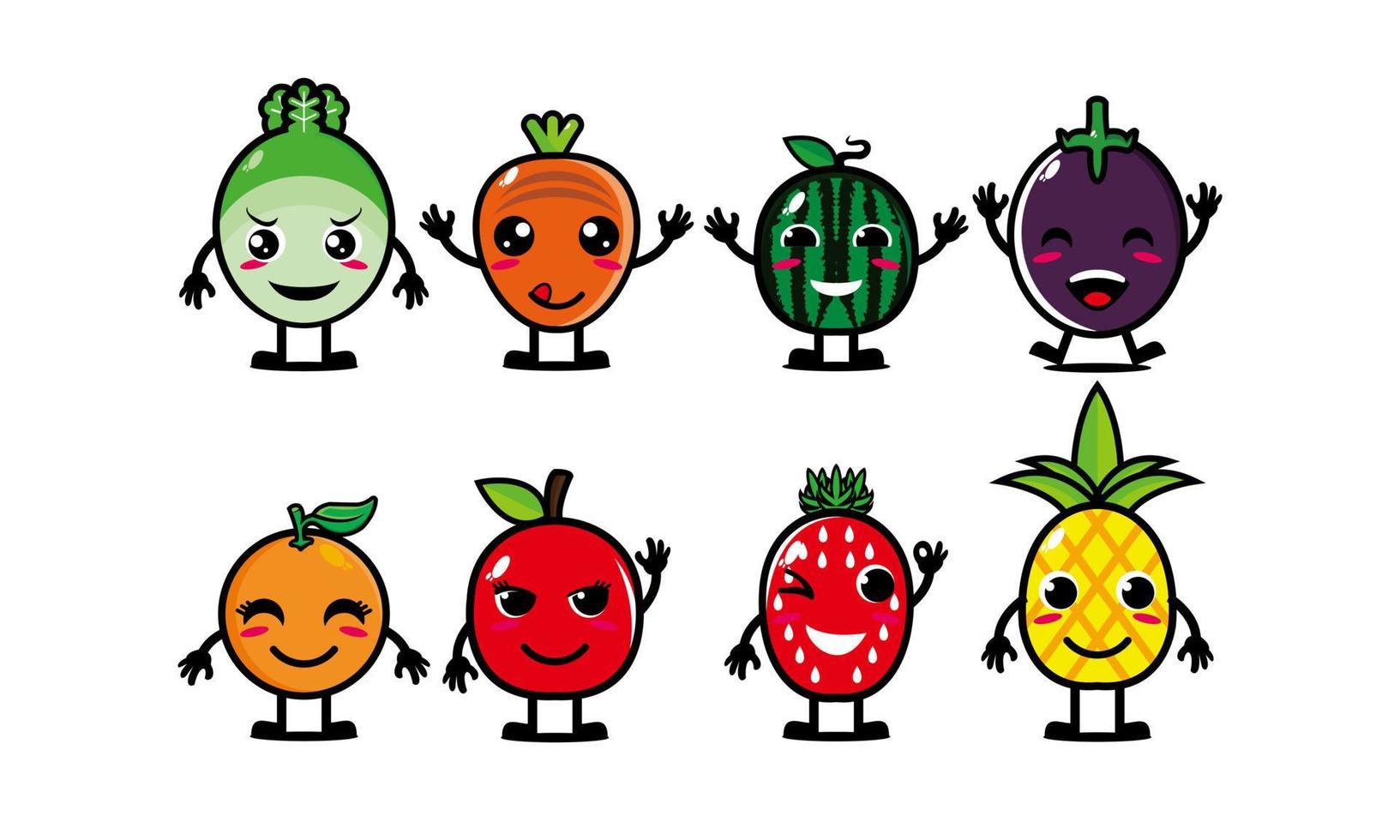 lindo feliz sonriente divertido conjunto de colección de frutas y verduras. ilustración de personaje de dibujos animados de estilo plano vectorial. aislado sobre fondo blanco vector